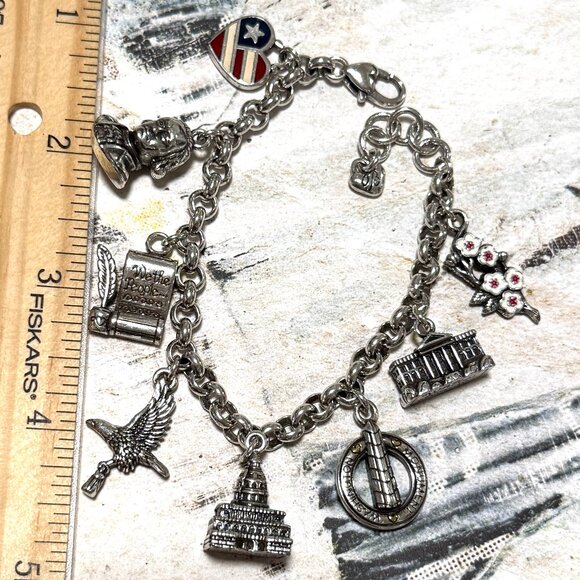 Brighton Silver Patriotic Washington DC Bold Chunky Charm Bracelet Signed - Picture 1 of 11